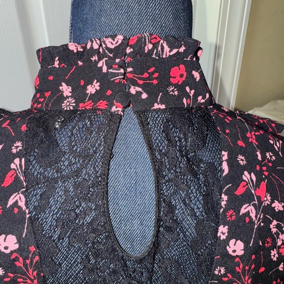 Express Floral Black and Pink Ruffle High Neck Women's Dress Sz 8 - Picture 7 of 9